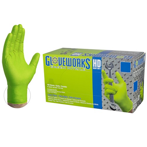 GLOVES HD GREEN NITRILE
GLOVEWORKS POWDER FREE
DIAMOND TEXTURED POLYMER
COATED 100 PER BOX X-LARGE (
10 BOXES PER CASE )